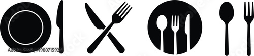 Black silhouette icons representing dining and cutlery elements on a white background Keywords: dining, cutlery, fork, knife, spoon, plate