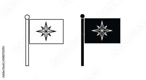 Vector graphic illustration of flags featuring a detailed eight-pointed star icon in both outline and solid styles.