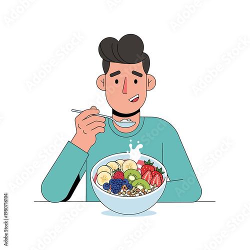 Man eating fruit and cereal bowl.