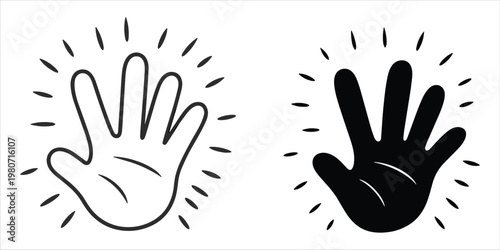 Two hand icons, one outlined and one solid black, radiating light on a white background Keywords: hand, palm, open, gesture, signal