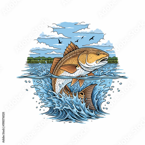 Redfish Red drum fish jumping out of water in a marsh landscape illustration