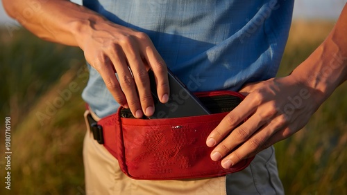 Person placing smartphone into red running belt outdoors during golden hour