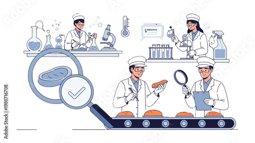 Quality Control: Scientists meticulously examine food products, ensuring stringent quality control measures within a modern laboratory setting. This image represents food safety standards.