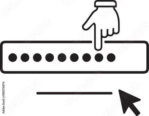 Black and white of hand pressing button with dots and arrow