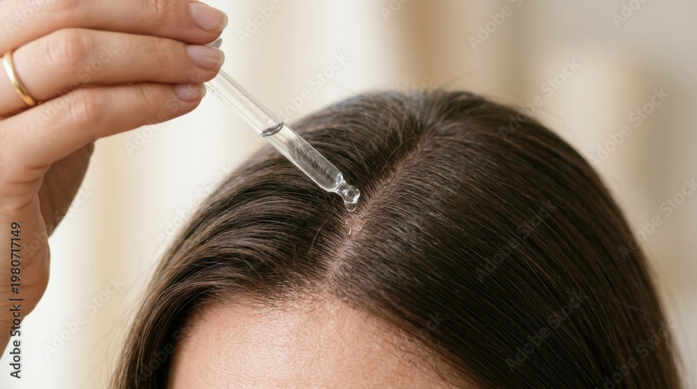 Fototapeta premium Close-up of scalp treatment application with liquid or serum being gently applied to hair roots, strands parted to reveal skin, soft lighting enhancing detail and cleanliness,