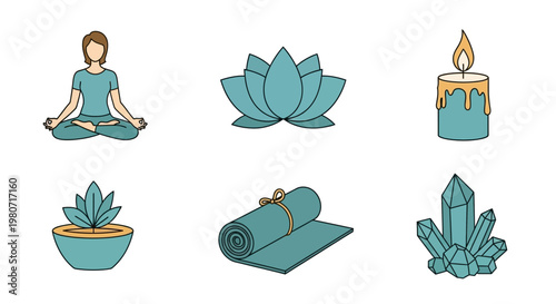 A comprehensive set of yoga and lotus flower vector icons featuring green nature symbols like leaves and floral plants for organic summer design illustrations