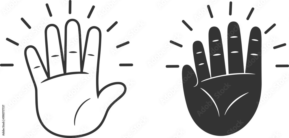Obraz premium Two hands giving high five with radiating lines in outline and solid fill on white background Keywords: high five, greeting, success