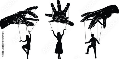 Black silhouette of giant hands controlling small people like marionette puppets on strings, isolated on white background, representing psychological manipulation.