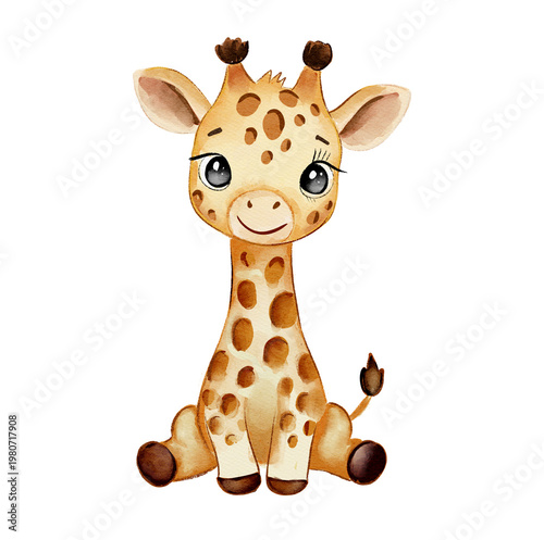 Giraffe sitting and smiling in a bright and fun setting