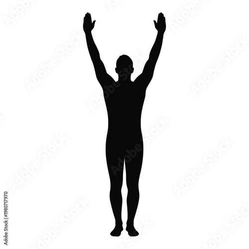 Black silhouette of a person standing upright with both arms raised isolated on a plain white background, minimalist human body shape