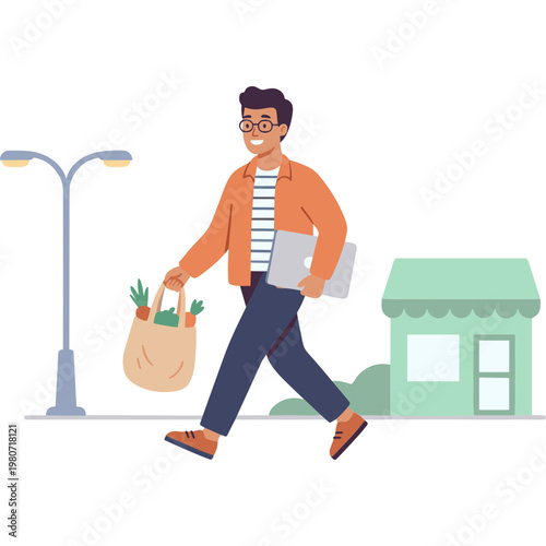 Man walks down street with groceries and laptop smiling