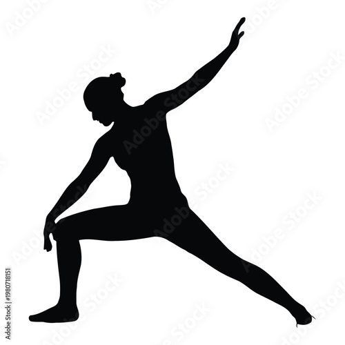 Black silhouette of a woman performing a yoga warrior pose, isolated on a white background, showing a side view of a person in a stretching exercise