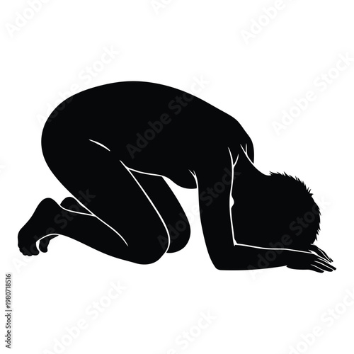 Black silhouette of a person kneeling in a humble prayer or childs pose, isolated on a white background, representing meditation and calm