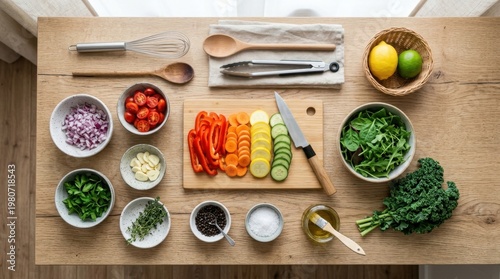 Top-down view of food preparation with sliced vegetables, herbs, and utensils neatly arranged on a kitchen surface, balanced composition with bright colors and clean spacing,