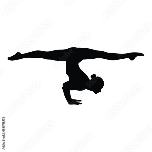 Black silhouette of a woman performing a handstand split pose, isolated on a white background, representing flexibility and athletic balance
