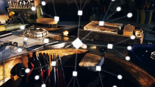 Jewelry bench showing tools, bright square appearing and forming node web visualizing workspace