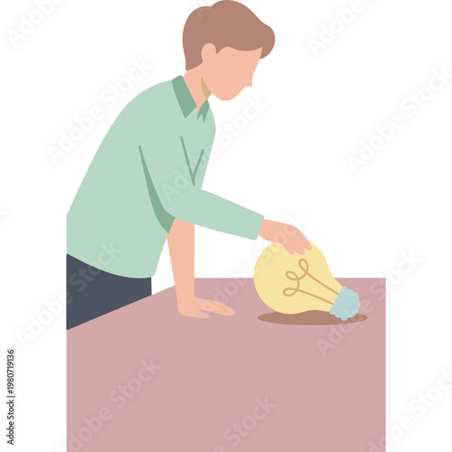 Man placing light bulb on table in bright room with furniture indoors