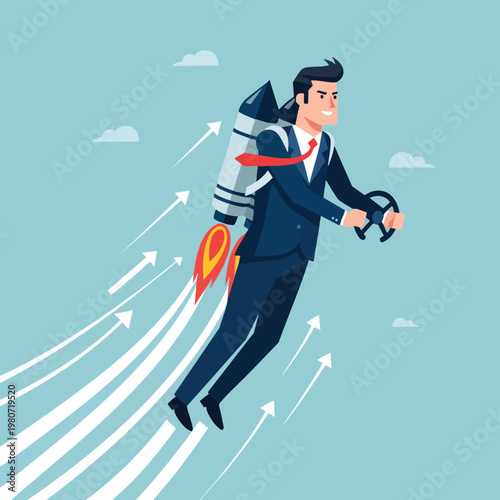 Businessman Launching Towards Success with Rocket Backpack and Chart Arrows