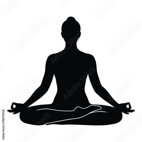Solid black silhouette of a person sitting in a lotus yoga pose, featuring a symmetrical human figure with hands in mudra gesture on a white background
