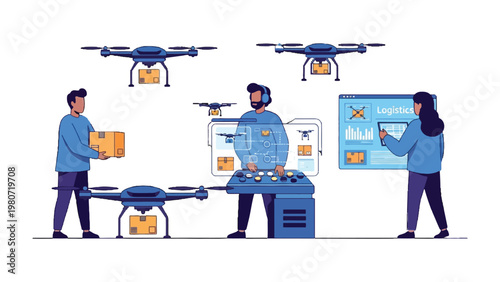 Drone Delivery Network: A futuristic scene showcasing a network of drones, controlled by dedicated personnel, delivering packages in an innovative, streamlined logistics system.
