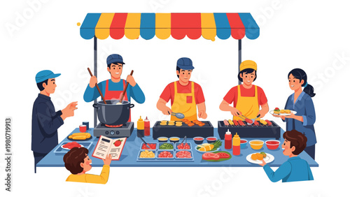 Culinary Delight: Food vendors and customers interacting at a food stall, creating a vibrant culinary scene and enjoying delicious meals.