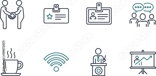 Business meeting and workplace interaction outline icon set with handshake ID badge presentation teamwork wifi editable stroke vector icons