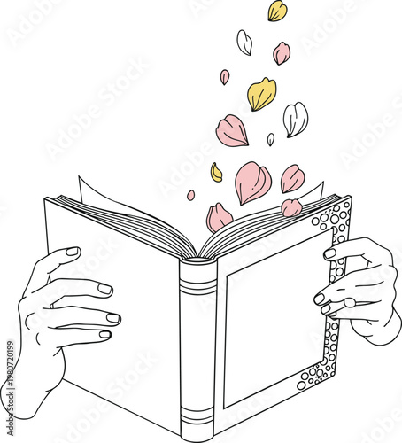 hands holding a book with petals and the words 'all the feels'