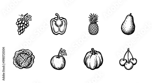 Fresh Garden Vegetables and Organic Orchard Fruits with Hand-Drawn Inky Brush Strokes and Artistic Fluid Outlines