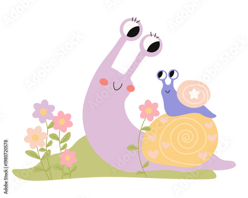 Large snail carrying smaller snail on its shell, surrounded by small flowers and plants. Garden scene isolated on light background, representing nature, slow movement, and animal interaction.