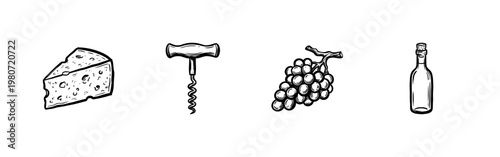 Wine Tasting and Appetizer Gourmet Elements with Hand-Drawn Inky Brushwork and Vintage Calligraphic Style