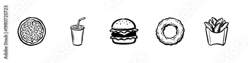 Fast Food and Junk Food Gastronomy Elements with Imperfect Hand-Drawn Ink Doodles and Clumsy Brushwork Aesthetic.