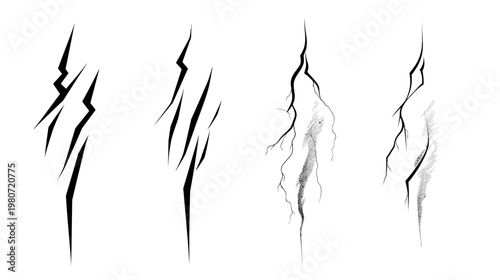 Black and white abstract depictions of lightning bolts and cracks, varying styles