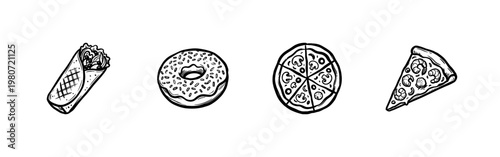 Fast Food and Junk Food Collection with Hand-Drawn Inky Brush Strokes and Detailed Ink Textures