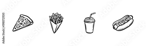 Fast Food and Junk Food Gastronomy Elements with Hand-Drawn Inky Brushwork and Chalkboard Style Graphics for Restaurant Menu Design