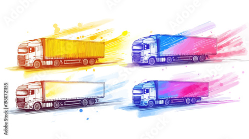 Four stylized illustrations of semi-trucks, each with different color accents. Watercolor style