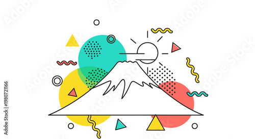 Abstract illustration of Mount Fuji with colorful geometric shapes and sun, representing Japanese culture and travel.