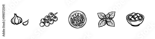 Italian Cuisine Ingredients and Mediterranean Food Elements with Hand-Drawn Ink Brush Strokes and Organic Painterly Textures