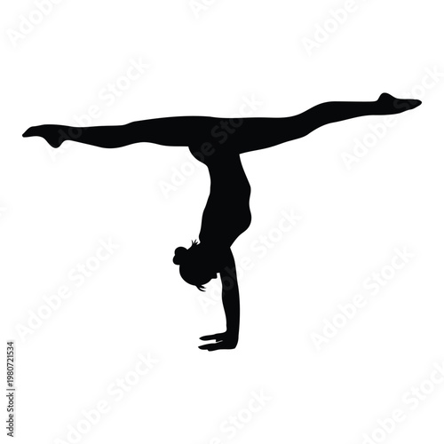 Black silhouette of a female gymnast performing a handstand with a horizontal leg split, isolated on a plain white background, showing athletic form