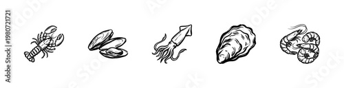 Fresh Seafood and Edible Marine Life Illustrations with Detailed Hand-Drawn Inky Brush Strokes and Engraved Hatching Aesthetic