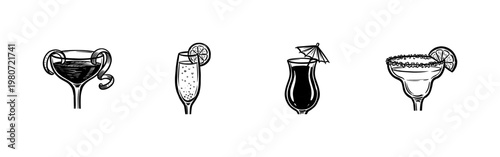 Champagne and Cocktail Glassware Drink Elements with Fluid Ink Brush Strokes and Hand-Drawn Painterly Style