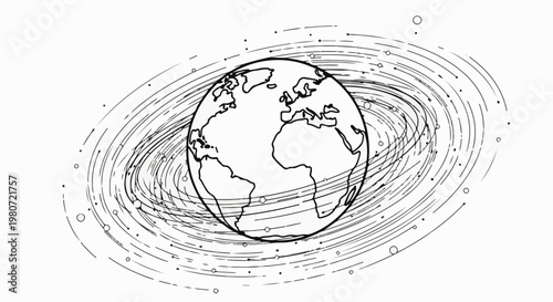 Stylized drawing of Earth surrounded by swirling cosmic debris and small orbiting bodies