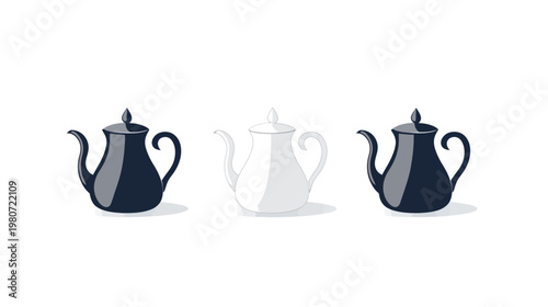 Three teapots, two in dark shades and one in white, with shadows on a plain white backdrop
