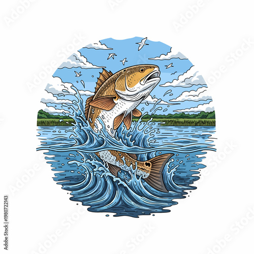 Redfish Red drum fish jumping out of water in a marsh landscape illustration