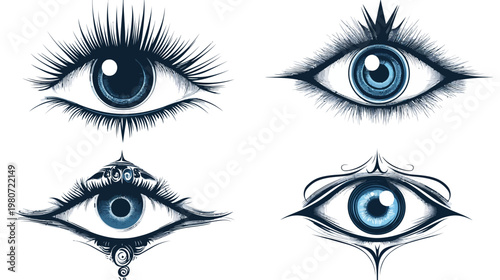 Artistic depiction of four stylized, human eyes, each featuring intricate details and a unique design