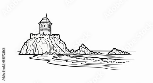 A stark black and white line drawing depicts a fortified tower on a rocky outcrop