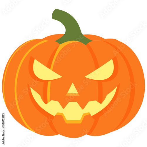 Scary orange Jack-o'-lantern pumpkin with glowing face, Halloween decoration, spooky party, festive holiday.