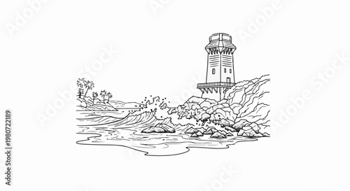 A lighthouse stands tall on a rocky cliff overlooking a turbulent ocean with waves crashing ashore