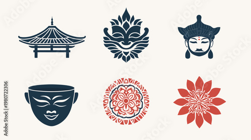 Collection of stylized illustrations, including a pagoda, floral designs, and a human face