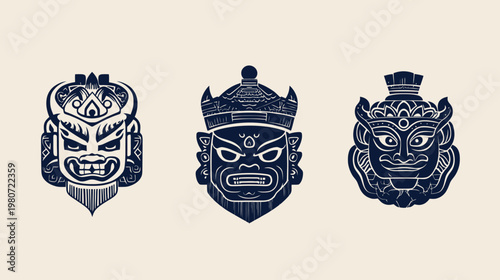 Three detailed, stylized, dark-blue masks with intricate designs on a light-cream colored background