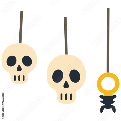 Hanging skulls with ring, Halloween decoration, spooky party accessory, festive holiday icon.
